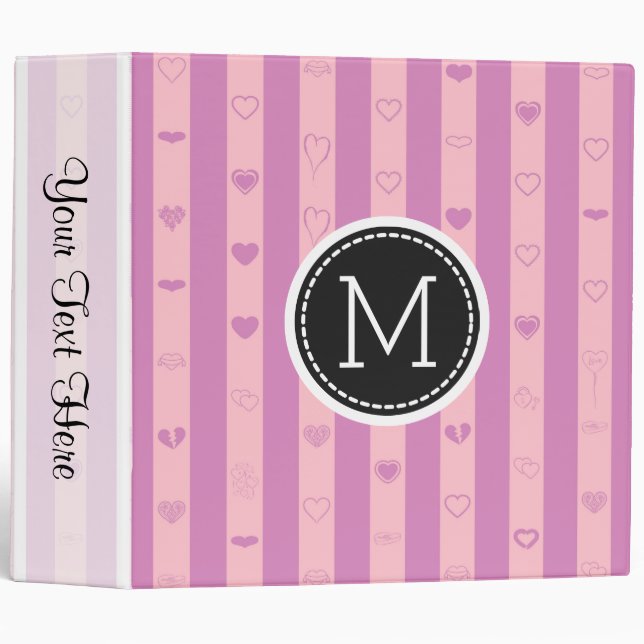 Monogram Pink Purple Stripes Elegant Modern Heart Binder (Front/Spine)