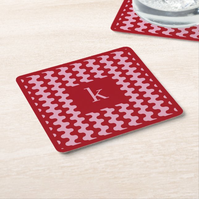 Monogram Pink Red Bold Wavy Pattern Square Paper Coaster (Angled)