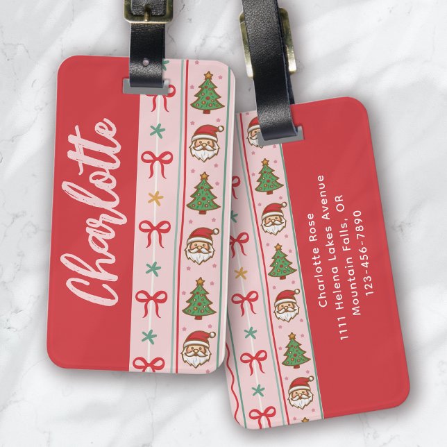 Monogram Pink Red Christmas Coquette Bow Luggage Tag (Creator Uploaded)