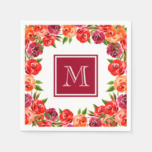 Monogram Pink Red Orange Flowers Napkins