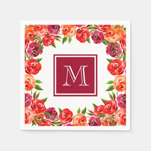 Monogram Pink Red Orange Flowers Napkins