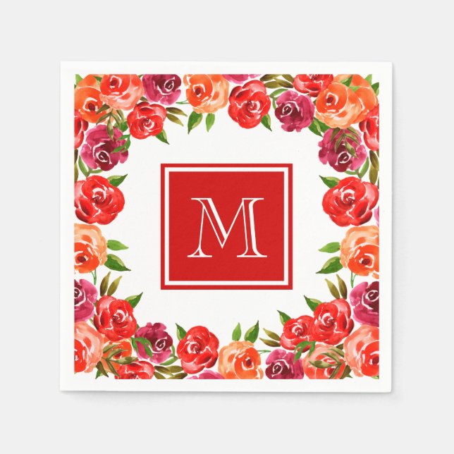 Monogram Pink Red Orange Flowers  Napkins (Front)