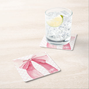 Monogram Pink Ribbon Coquette Square Paper Coaster