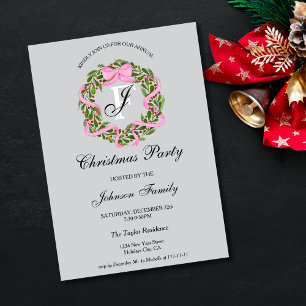 Monogram Pink Ribbon Wreath Christmas Dinner Party Invitation