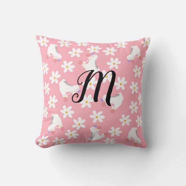 Monogram Pink Roller Skates Roller Skater Gift  Throw Pillow (Front)