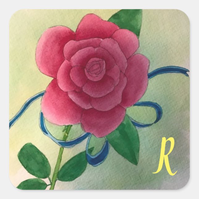 Monogram Pink Rose Blue Ribbon Watercolor Stickers (Front)