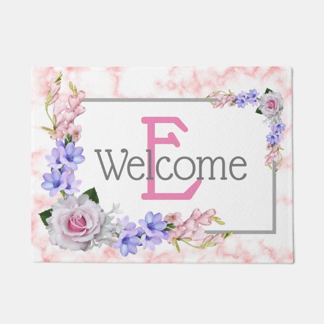 Monogram Pink Rose Bouquet Welcome Doormat (Front)