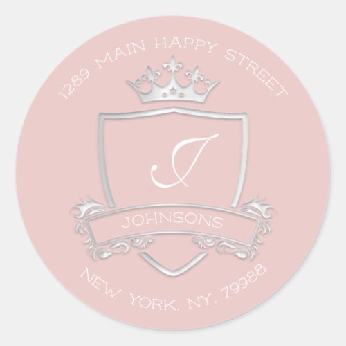 Monogram Pink Rose Crown Royal RSVP Return Address Classic Round Sticker