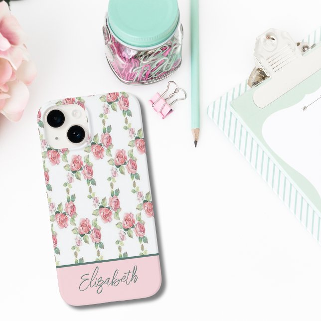 Monogram Pink Rose Floral Greenery Flowers Case-Mate iPhone Case (Monogrammed Name Pink Roses Greenery iPhone case)