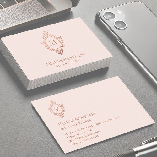 Monogram Pink Rose Gold Crest Initial Elegant Business Card