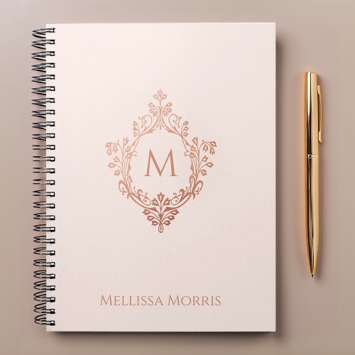 Monogram Pink Rose Gold Elegant Vintage Crest Name Notebook