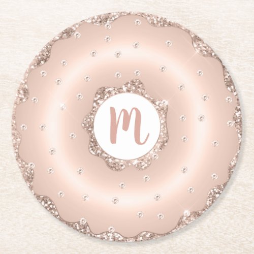 Monogram pink rose gold glitter doughnut script round paper coaster