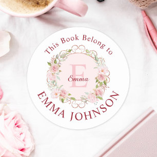 Monogram Pink Rose This Book Belongs to Bookplate