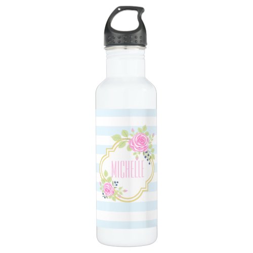Monogram Pink Roses Blueberry Water Bottle 24 oz