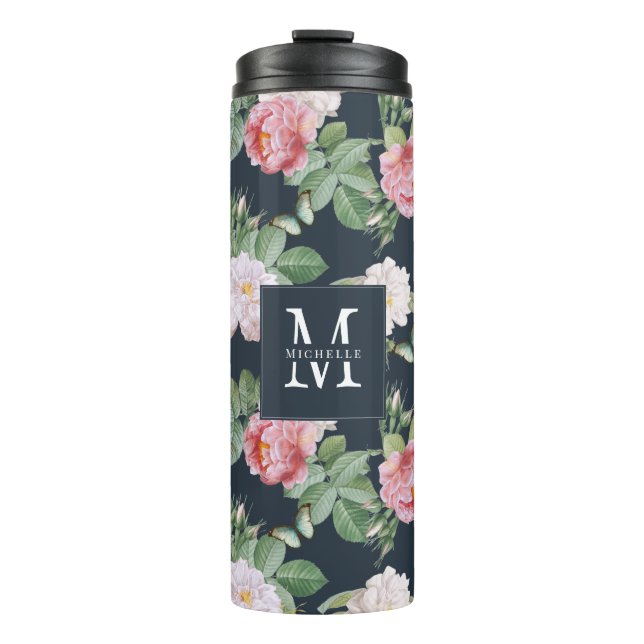 Monogram Pink Roses Butterflies Custom Dark Gray Thermal Tumbler (Front)