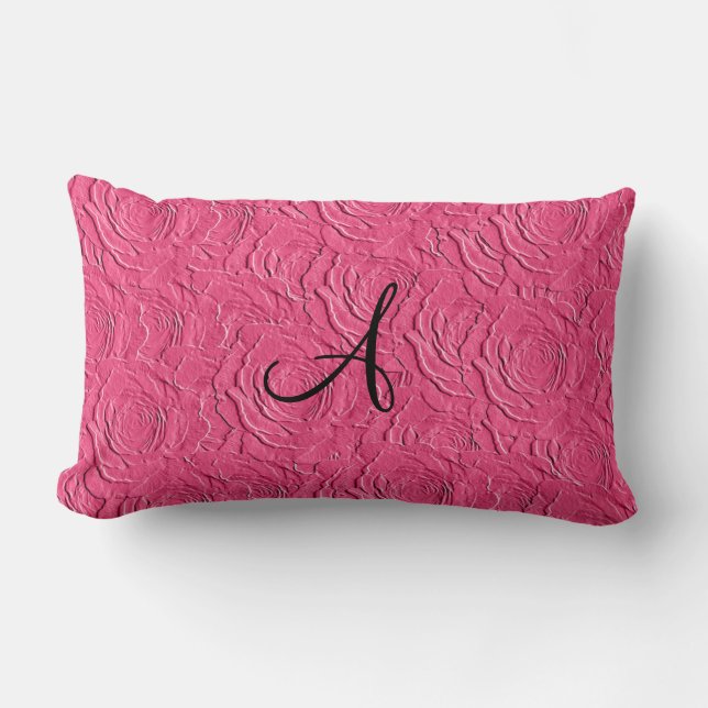 Monogram pink roses faux texture lumbar pillow (Front)