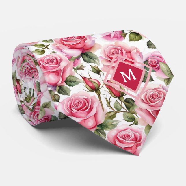 Monogram Pink Roses Floral Flowers  Neck Tie (Rolled)