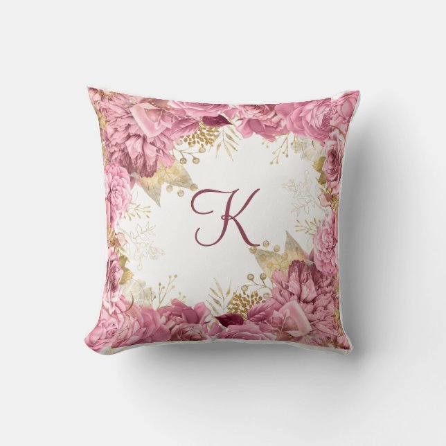 Monogram Pink Roses Gold Elegant Floral Throw Pillow (Front)