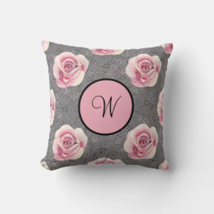 Monogram Pink Roses Gray Background Throw Pillow