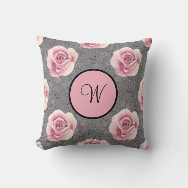 Monogram Pink Roses Gray Background Throw Pillow (Front)