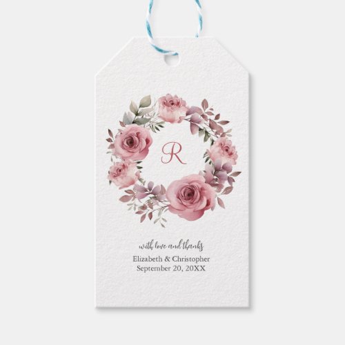 Monogram Pink Roses Greenery Watercolor Wedding Gift Tags