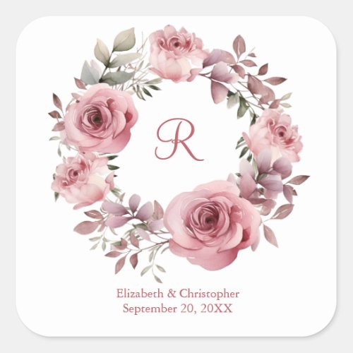 Monogram Pink Roses Greenery Watercolor Wedding Square Sticker
