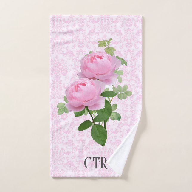 Monogram Pink Roses on Damask Floral Hand Towel (Hand Towel)