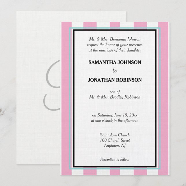 Monogram Pink  Seafoam Blue White Stripes  Invitation (Front/Back)
