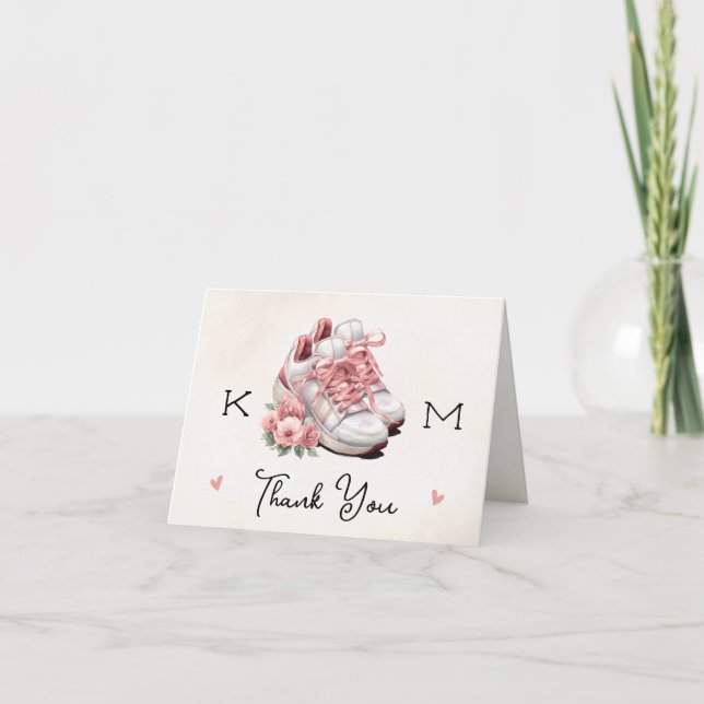 Monogram Pink Sneaker Floral Photo Bridal Shower Thank You Card (Front)