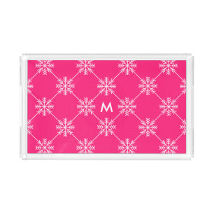 Monogram Pink Snowflakes Diagonal Square Pattern Acrylic Tray