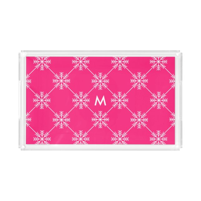 Monogram Pink Snowflakes Diagonal Square Pattern Acrylic Tray (Front)