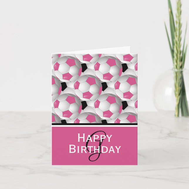 Monogram Pink Soccer Ball Pattern Happy Birthday Card (Front)