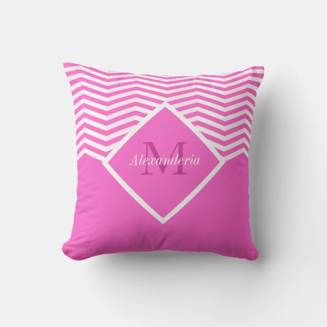 Monogram Pink Solid color White Chevron  Throw Pillow (Front)