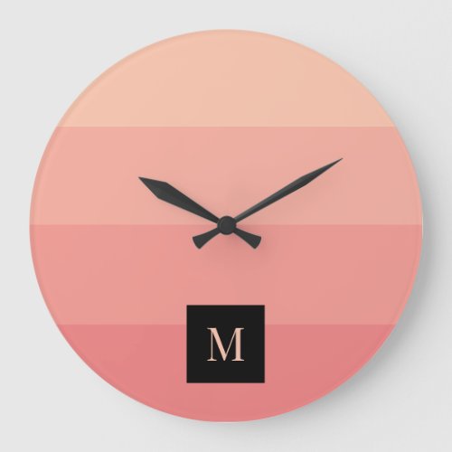 Monogram Pink Stripe Feminine Girly Modern Large Clock