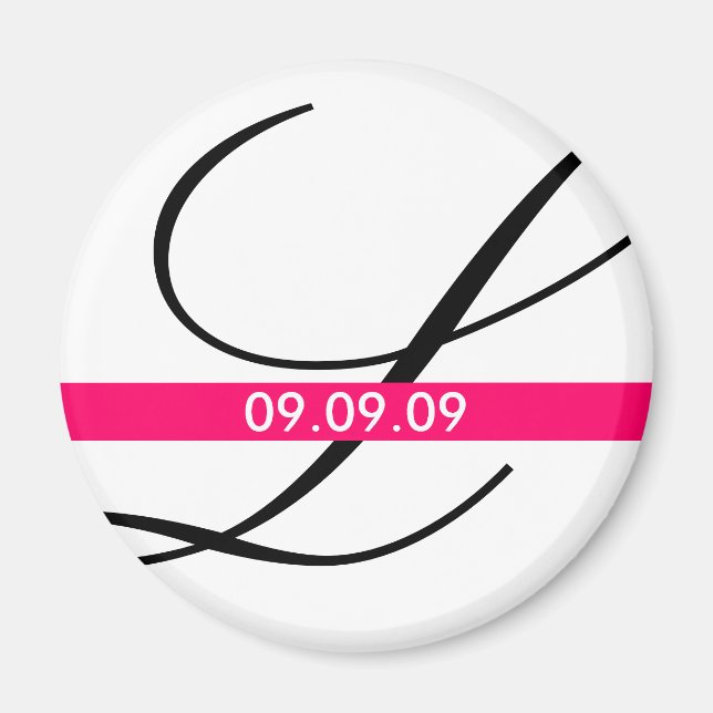 Monogram Pink Stripe Save the Date Magnet (Front)