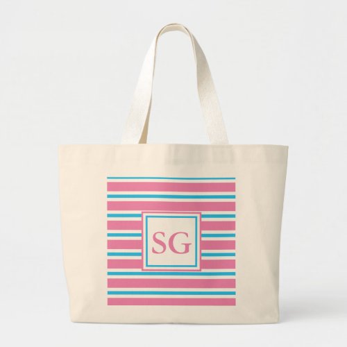 Monogram Pink Striped  Beach Large Tote Bag