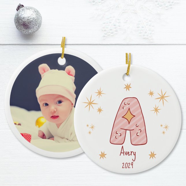 Monogram Pink Striped Star Ornament (Baby Girl's First Christmas Monogram with Photo Ceramic Ornament)