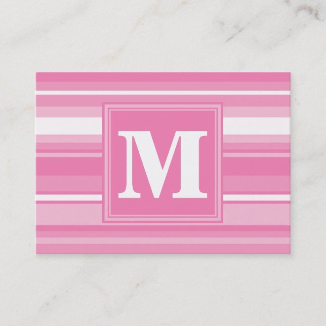 Monogram pink stripes business card (Front)