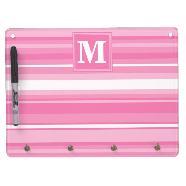 Monogram pink stripes dry erase board with keychain holder (Front)