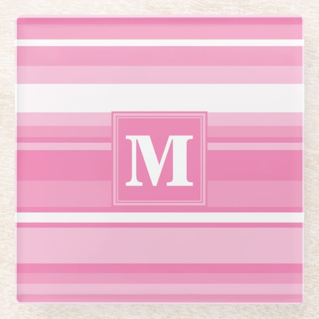 Monogram pink stripes glass coaster (Front)