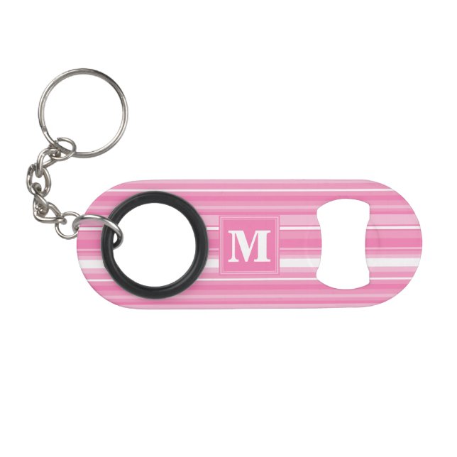 Monogram pink stripes keychain bottle opener (Front (Horizontal))