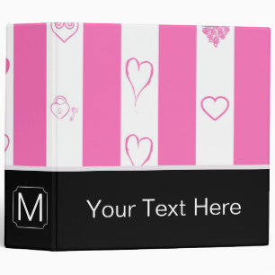 Monogram Pink Stripes Modern Heart Pattern 3 Ring Binder
