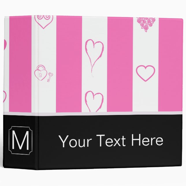 Monogram Pink Stripes Modern Heart Pattern 3 Ring Binder (Front/Spine)