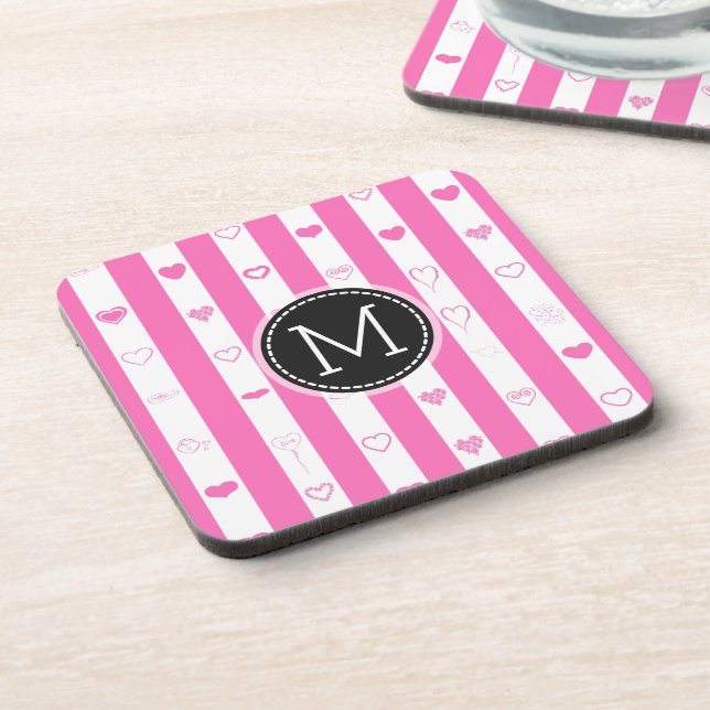 Monogram Pink Stripes Modern Heart Pattern Beverage Coaster (Left Side)