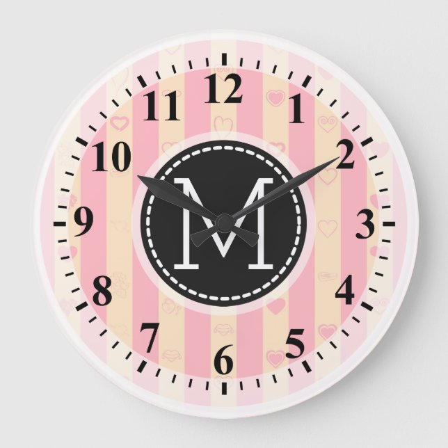 Monogram Pink Stripes Modern Heart Pattern Large Clock (Front)