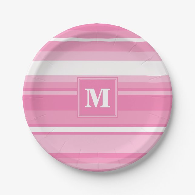 Monogram pink stripes paper plates (Front)