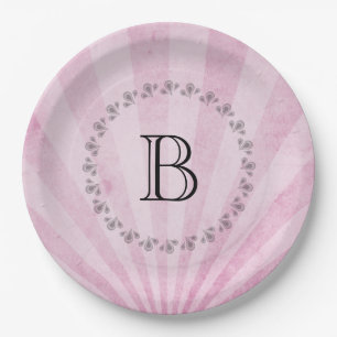 Monogram Pink Sunray Shabby Texture Paper Plates