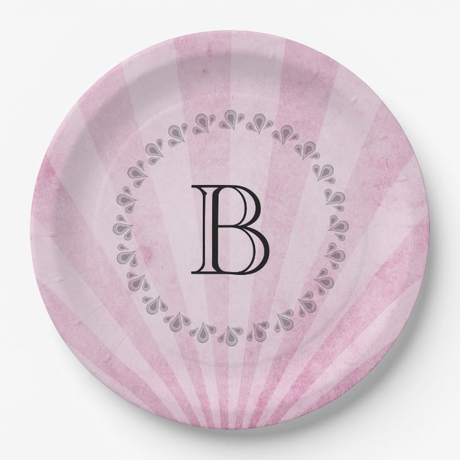 Monogram Pink Sunray Shabby Texture Paper Plates (Front)