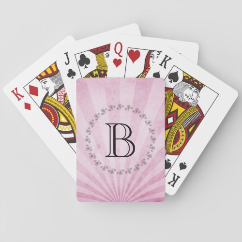 Monogram Pink Sunrays with a Shabby Texture Playing Cards