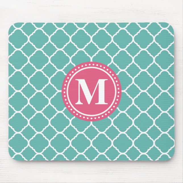 Monogram Pink Teal Blue Quatrefoil Pattern Mouse Pad (Front)